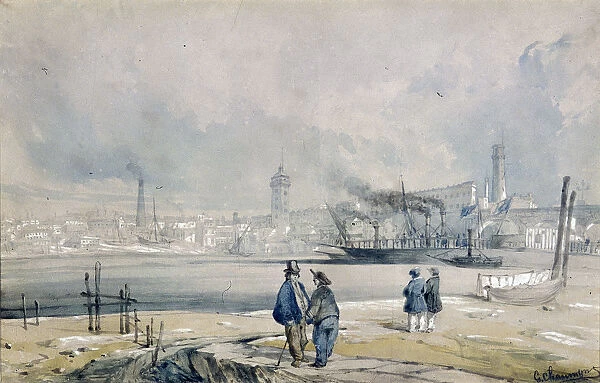 The South Bank, with Waterloo Bridge, London, 1847. Artist: G Chaumont