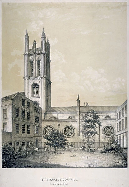 South-east view of the Church of St Michael, Cornhill, City of London, 1840. Artist
