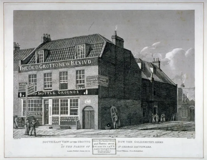 Framed Print : South-east view of the Grotto Inn, St Georges Street, Southwark, London, 1825. Artist Framed Print : South-east view of the Grotto Inn, St Georges Street, Southwark, London, 1825. Artist