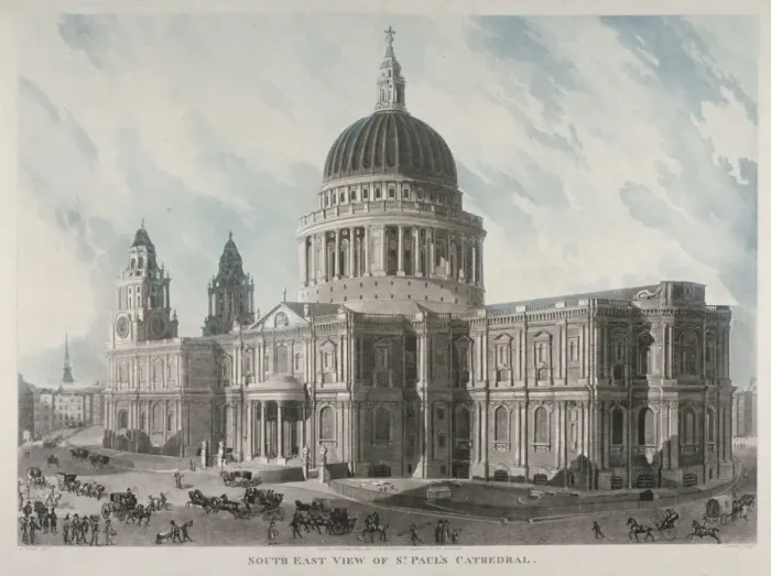 Framed Print : South-east view of St Pauls Cathedral with figures and carriages outside, City of London, 1818 Framed Print : South-east view of St Pauls Cathedral with figures and carriages outside, City of London, 1818