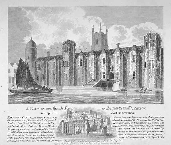 South view of Baynards Castle with boats on the River Thames, City of London, 1817