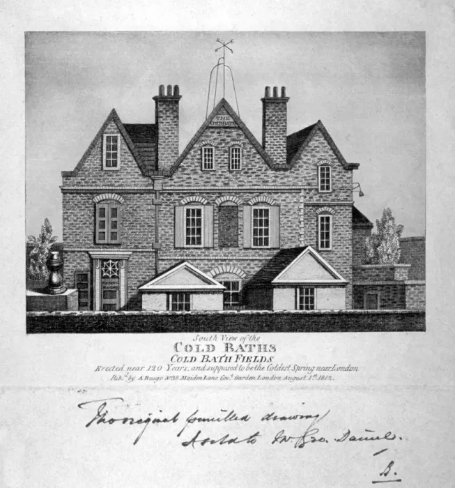 Framed Print : South view of the Cold Baths, Cold Bath Fields, Finsbury, London, 1812. Artist Framed Print : South view of the Cold Baths, Cold Bath Fields, Finsbury, London, 1812. Artist