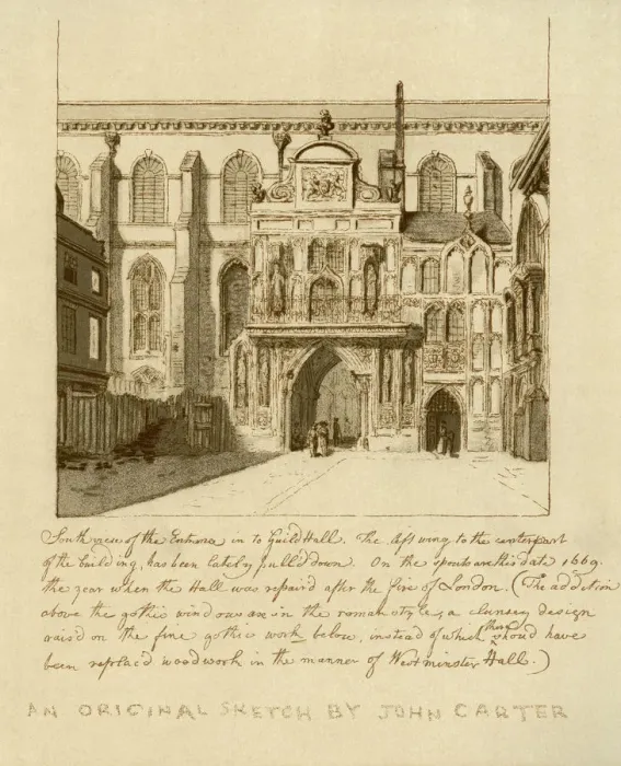 Framed Print : South view of the entrance to Guildhall, City of London, 18th century (1886). Artist: William Griggs Framed Print : South view of the entrance to Guildhall, City of London, 18th century (1886). Artist: William Griggs