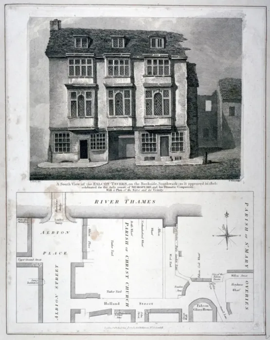 Framed Print : South view of the Falcon Tavern, Bankside, Southwark, London, as it appeared in 1805 (1811) Framed Print : South view of the Falcon Tavern, Bankside, Southwark, London, as it appeared in 1805 (1811)