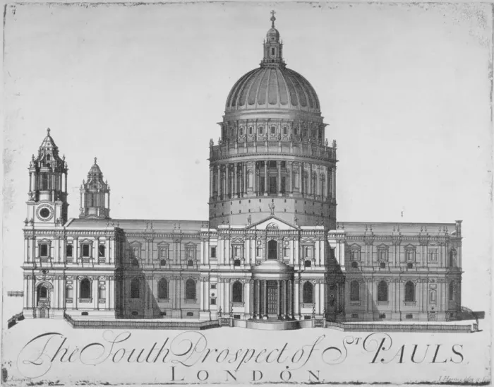 Framed Print : South view of St Pauls Cathedral, City of London, 1720. Artist: John Harris Framed Print : South view of St Pauls Cathedral, City of London, 1720. Artist: John Harris
