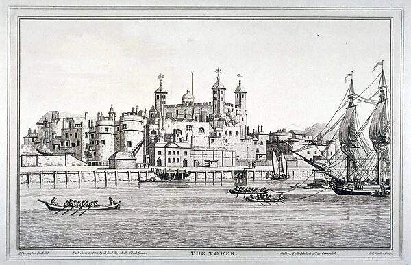 South view of the Tower of London with boats on the River Thames, 1795