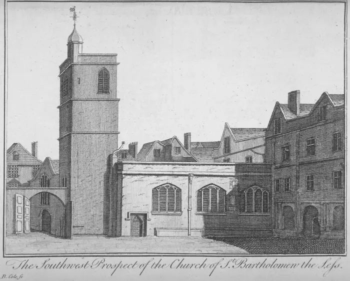 Framed Print : South-west view of the Church of St Bartholomew-the-Less, City of London, 1750. Artist Framed Print : South-west view of the Church of St Bartholomew-the-Less, City of London, 1750. Artist