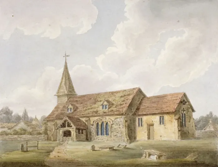Framed Print : South-west view of Holy Cross Church, Greenford, Middlesex, c1825 Framed Print : South-west view of Holy Cross Church, Greenford, Middlesex, c1825