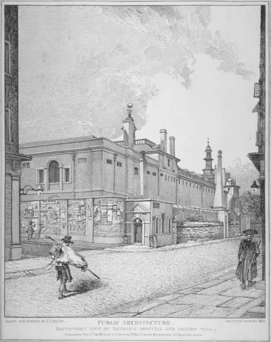 Framed Print : South-west view of Old Bethlehem Hospital, Moorfields and London Wall, City of London, 1814 Framed Print : South-west view of Old Bethlehem Hospital, Moorfields and London Wall, City of London, 1814