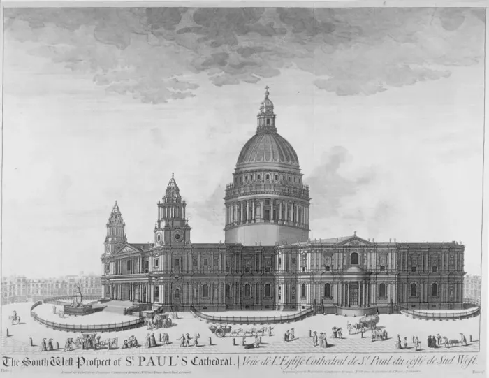 Framed Print : South-west view of St Pauls Cathedral, City of London, 1750 Framed Print : South-west view of St Pauls Cathedral, City of London, 1750