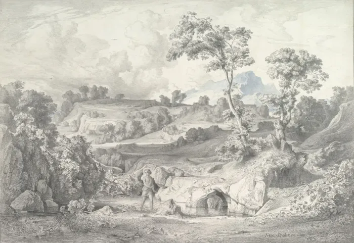 Framed Print : Southern landscape with a man and a snake, 1847. Creator: Heinrich Dreber Framed Print : Southern landscape with a man and a snake, 1847. Creator: Heinrich Dreber