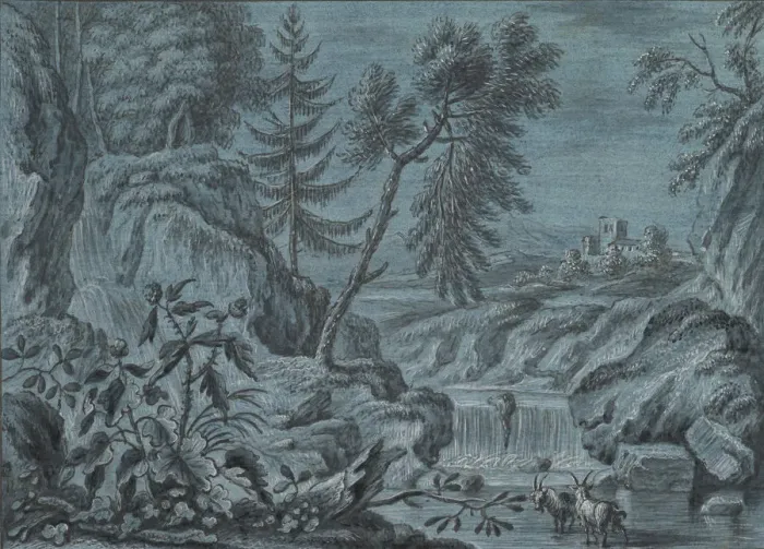 Framed Print : Southern Landscape with a Waterfall and Goats, late 18th century Framed Print : Southern Landscape with a Waterfall and Goats, late 18th century