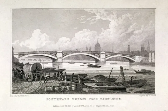 Framed Print : Southwark Bridge, London, 1827. Artist: W Wallis Framed Print : Southwark Bridge, London, 1827. Artist: W Wallis