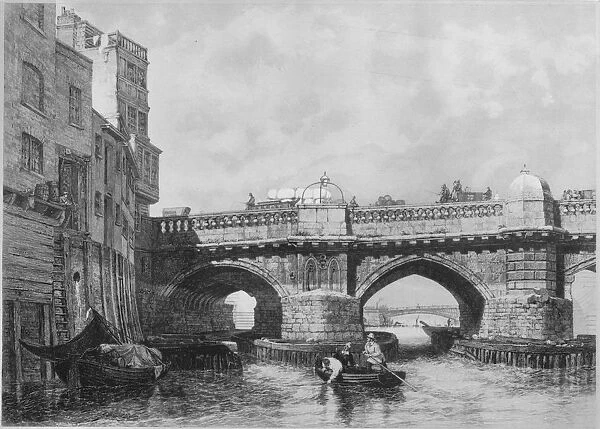 The Southwark End of Old London Bridge, 1831, (1912). Artists: Unknown, Edward William Cooke