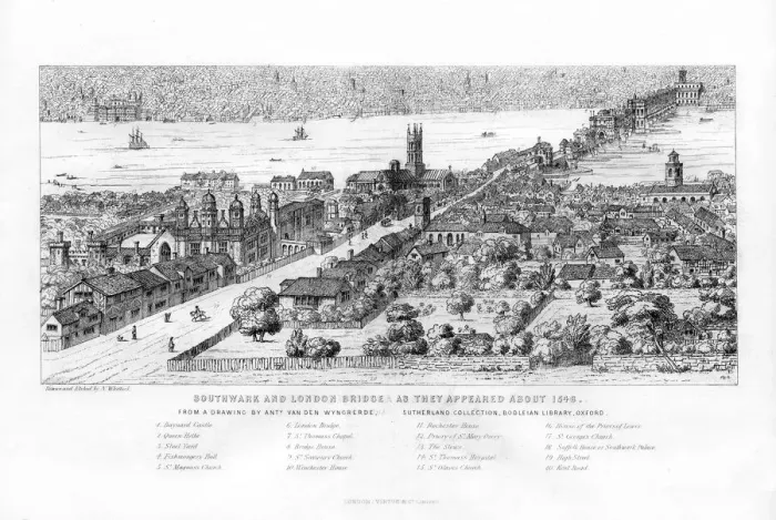 Framed Print : Southwark and London Bridge as they appeared about 1546, c1860. Artist: N Whittock Framed Print : Southwark and London Bridge as they appeared about 1546, c1860. Artist: N Whittock
