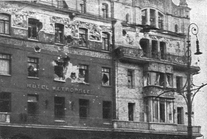 Framed Print : In Soviet Russia; Facade of the Hotel Metropole, in Moscow, cannoned and rifled...1917. Creator: Unknown Framed Print : In Soviet Russia; Facade of the Hotel Metropole, in Moscow, cannoned and rifled...1917. Creator: Unknown
