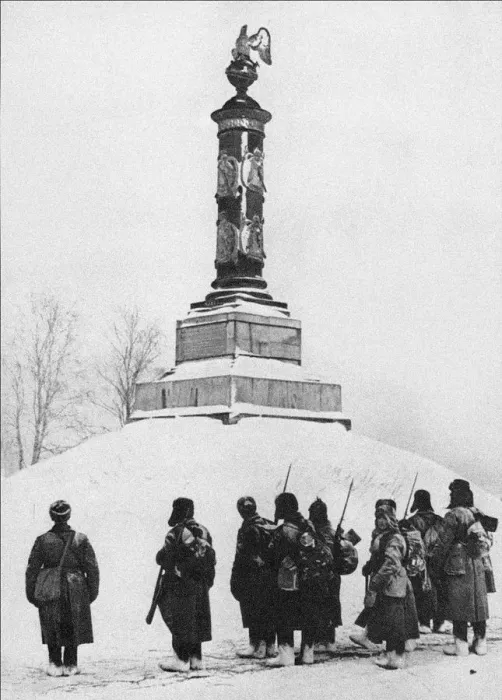 Framed Print : Soviet soldiers at the monument to the heroes of the War of 1812 in the village of Tarutino Kaluga r Artist: Anonymous Framed Print : Soviet soldiers at the monument to the heroes of the War of 1812 in the village of Tarutino Kaluga r Artist: Anonymous