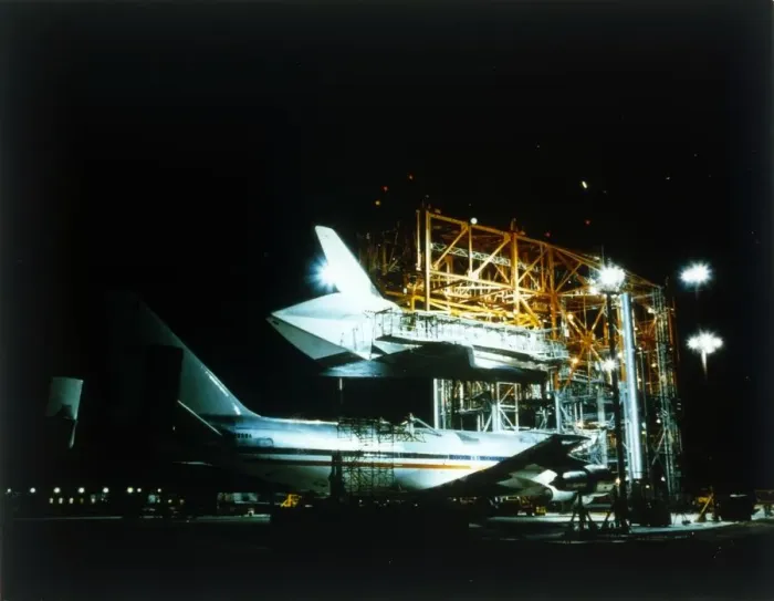 Framed Print : Space Shuttle and 747 carrier plane in Mate-Demate Device. Creator: NASA Framed Print : Space Shuttle and 747 carrier plane in Mate-Demate Device. Creator: NASA