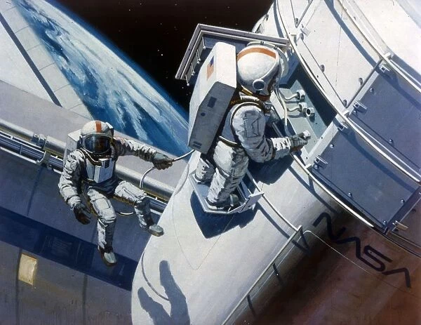 Space Shuttle - artists concept of spacewalk, 1980s. Creator: NASA