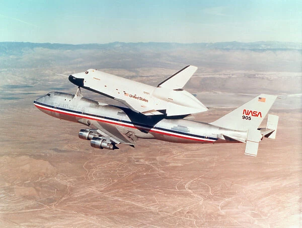 Space Shuttle Orbiter mounted on top of a Boeing 747 carrier aircraft, 1977