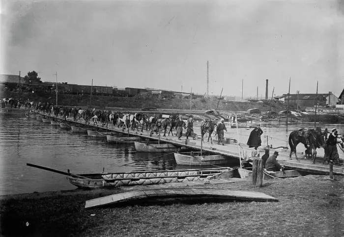 Framed Print : Spahis cross boat bridge, Compiegne, 1914. Creator: Bain News Service Framed Print : Spahis cross boat bridge, Compiegne, 1914. Creator: Bain News Service