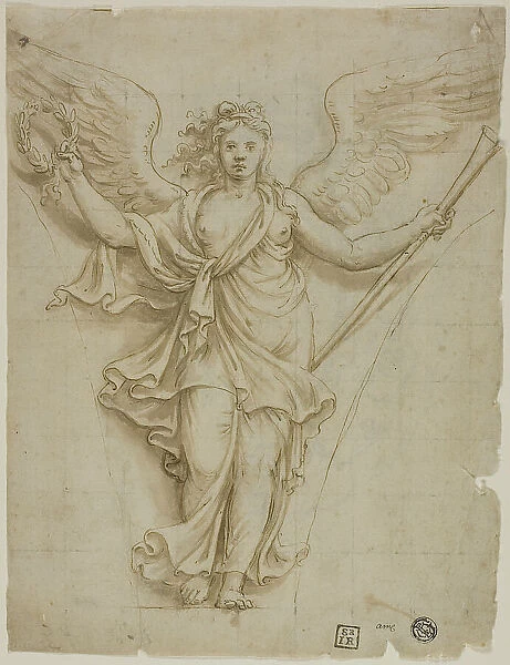 Spandrel Design with Allegorical Figure of Fame (r); Design for Coat of Arms (v), c.1532. Creator: Workshop of Giulio Pippi, called Giulio Romano
