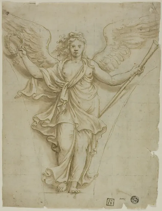 Framed Print : Spandrel Design with Allegorical Figure of Fame (r); Design for Coat of Arms (v), c.1532. Creator: Workshop of Giulio Pippi, called Giulio Romano Framed Print : Spandrel Design with Allegorical Figure of Fame (r); Design for Coat of Arms (v), c.1532. Creator: Workshop of Giulio Pippi, called Giulio Romano