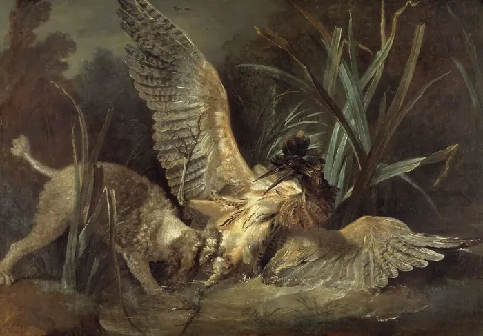 Framed Print : Spaniel Seizing a Bittern, 1725. Creator: Jean-Baptiste Oudry