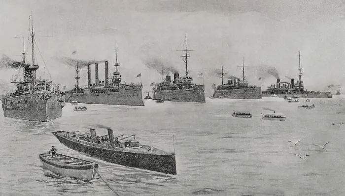 Framed Print : Spanish-American War (1898): the American fleet in Hampton Roads, 1898. Creator: Enrique Laporta Valor Framed Print : Spanish-American War (1898): the American fleet in Hampton Roads, 1898. Creator: Enrique Laporta Valor