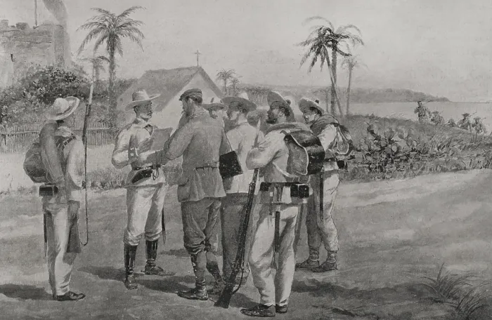 Framed Print : Spanish-American War (1898): arrest of two correspondents of the US newspaper 'World', 1898. Creator: Enrique Laporta Valor Framed Print : Spanish-American War (1898): arrest of two correspondents of the US newspaper 'World', 1898. Creator: Enrique Laporta Valor