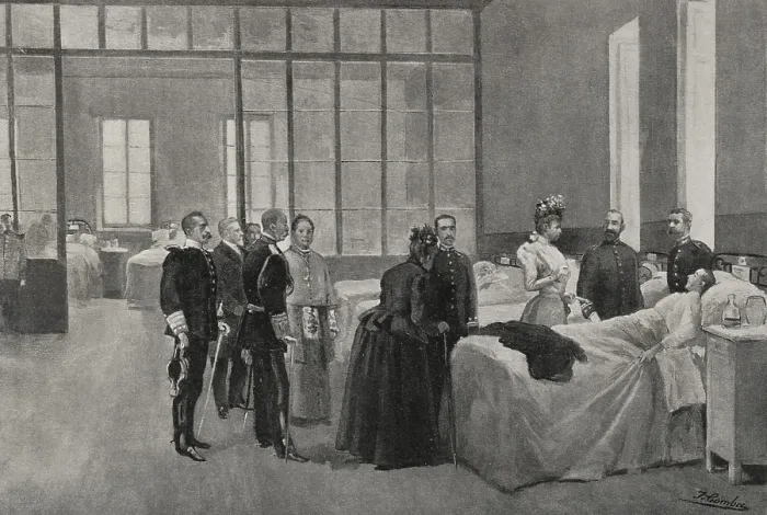 Framed Print : Spanish-American War (1898): Queen Maria Christina visiting wounded soldiers, Madrid, Spain, 1898. Creator: Enrique Laporta Valor Framed Print : Spanish-American War (1898): Queen Maria Christina visiting wounded soldiers, Madrid, Spain, 1898. Creator: Enrique Laporta Valor