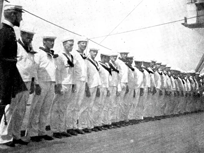 Framed Print : The Spanish-American War: American naval and military types - crew drawn up for inspection, 1898. Creator: Unknown Framed Print : The Spanish-American War: American naval and military types - crew drawn up for inspection, 1898. Creator: Unknown