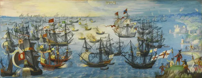 Framed Print : The Spanish Armada off the south coast of England, 1588. Artist: Monogrammist VHE (active ca 1600) Framed Print : The Spanish Armada off the south coast of England, 1588. Artist: Monogrammist VHE (active ca 1600)