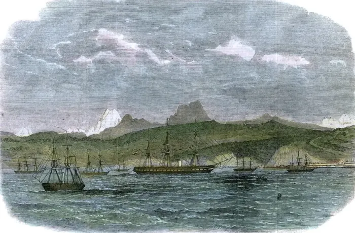 Framed Print : The Spanish blockading squadron at Valparaiso, Chile, c1880 Framed Print : The Spanish blockading squadron at Valparaiso, Chile, c1880