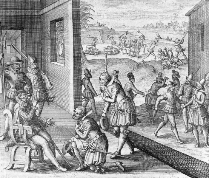 Framed Print : The Spanish capture Fort Caroline, 1565 (1631) Framed Print : The Spanish capture Fort Caroline, 1565 (1631)