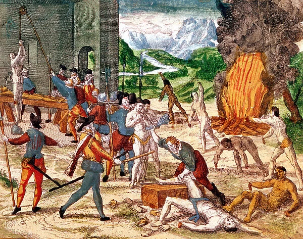Spanish conquistadors torturing American indians, 1539-1542