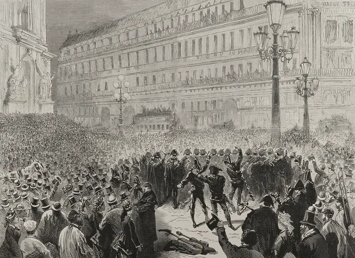 Framed Print : The Spanish Estudiantina - Serenade in the Opera Square, March 7, 1878, Paris Carnival of 1878. Creator: Unknown Framed Print : The Spanish Estudiantina - Serenade in the Opera Square, March 7, 1878, Paris Carnival of 1878. Creator: Unknown