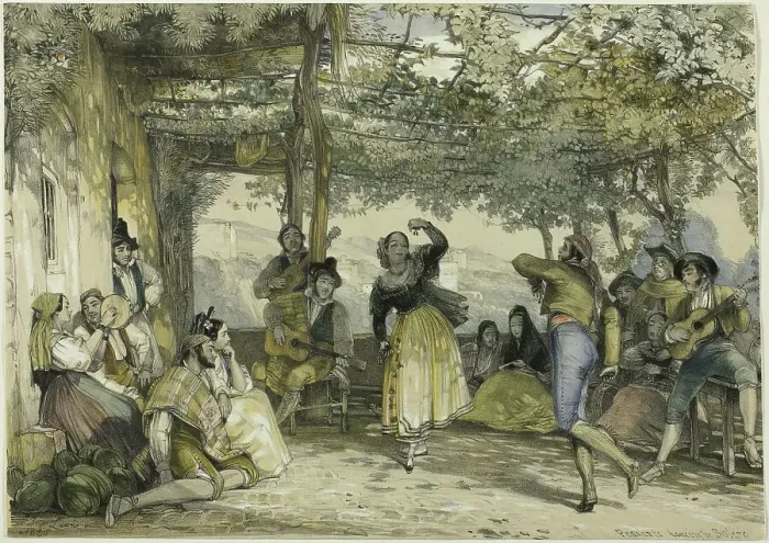 Framed Print : Spanish Peasants Dancing the Bolero, 1836. Creator: John Frederick Lewis Framed Print : Spanish Peasants Dancing the Bolero, 1836. Creator: John Frederick Lewis