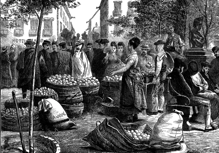 Framed Print : Spanish Sketches: the fruit market, Malaga, 1873. Creator: Unknown Framed Print : Spanish Sketches: the fruit market, Malaga, 1873. Creator: Unknown