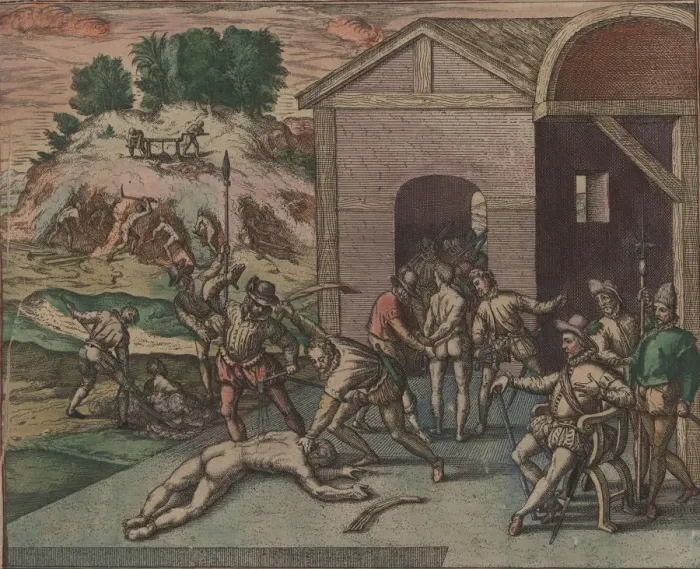 Framed Print : Spanish soldiers observe and carry out the punishment of a slave, 1595. Creator: Bry Framed Print : Spanish soldiers observe and carry out the punishment of a slave, 1595. Creator: Bry