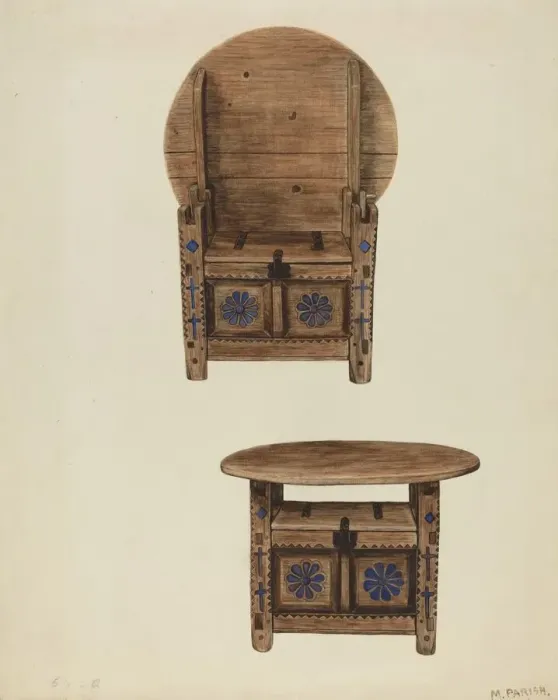 Framed Print : Spanish Southwest Hutch Table, c. 1939. Creator: Marjery Parish Framed Print : Spanish Southwest Hutch Table, c. 1939. Creator: Marjery Parish