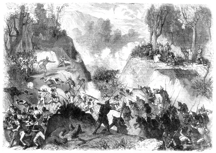 Framed Print : Spanish troops fighting the people of Santo Domingo, in the pass of Monte Christi, 1864 Framed Print : Spanish troops fighting the people of Santo Domingo, in the pass of Monte Christi, 1864