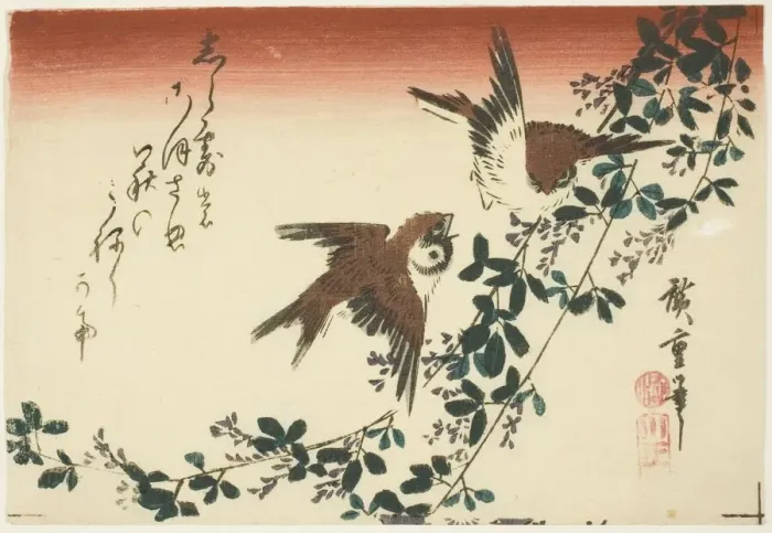 Framed Print : Sparrows and bush clover, 1830s. Creator: Ando Hiroshige Framed Print : Sparrows and bush clover, 1830s. Creator: Ando Hiroshige