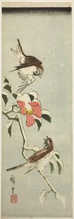 Framed Print : Sparrows and camellia in snow, 1840s. Creator: Ando Hiroshige Framed Print : Sparrows and camellia in snow, 1840s. Creator: Ando Hiroshige
