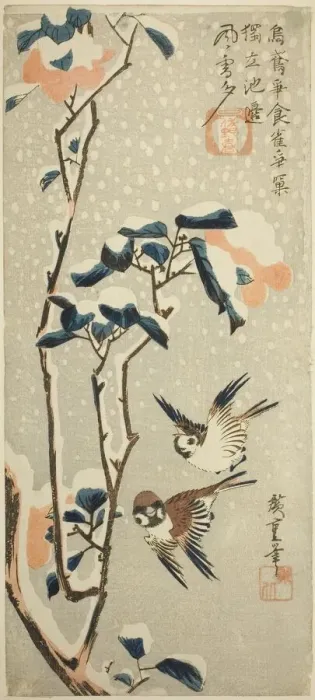 Framed Print : Sparrows and Camellia in Snow, c. 1831 / 33. Creator: Ando Hiroshige Framed Print : Sparrows and Camellia in Snow, c. 1831 / 33. Creator: Ando Hiroshige