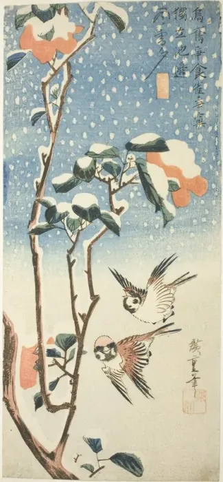 Framed Print : Sparrows and Camellia in Snow, c. 1831 / 33. Creator: Ando Hiroshige