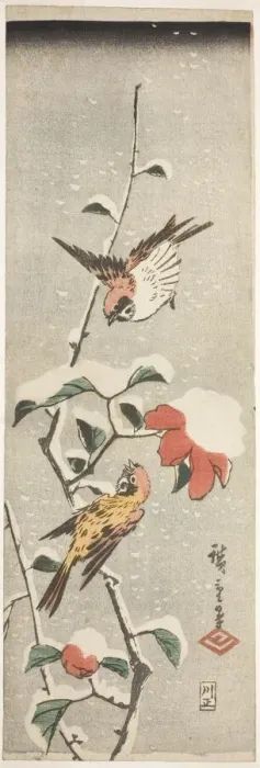 Framed Print : Sparrows and Camellia in Snow, c. 1837 / 48. Creator: Ando Hiroshige Framed Print : Sparrows and Camellia in Snow, c. 1837 / 48. Creator: Ando Hiroshige