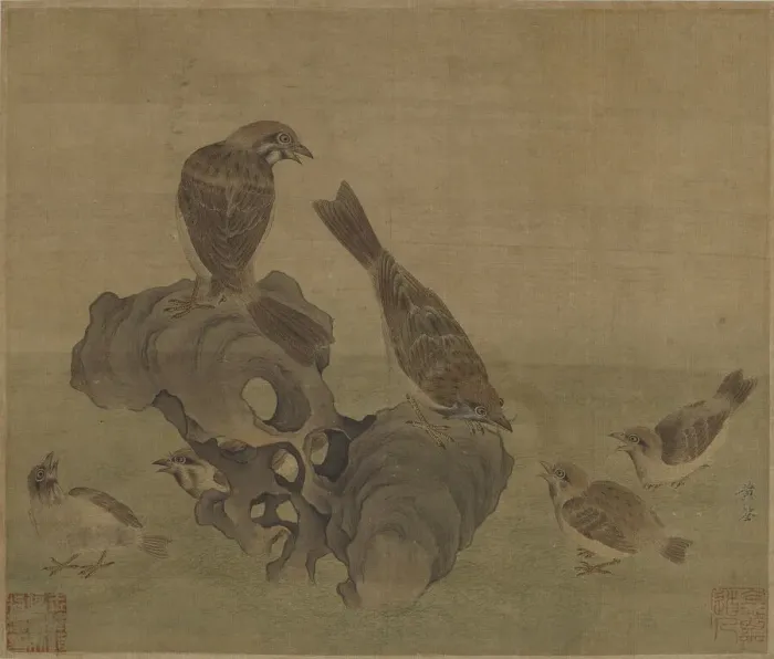 Framed Print : Sparrows feeding their young, Ming or Qing dynasty, (17th century?). Creator: Unknown Framed Print : Sparrows feeding their young, Ming or Qing dynasty, (17th century?). Creator: Unknown