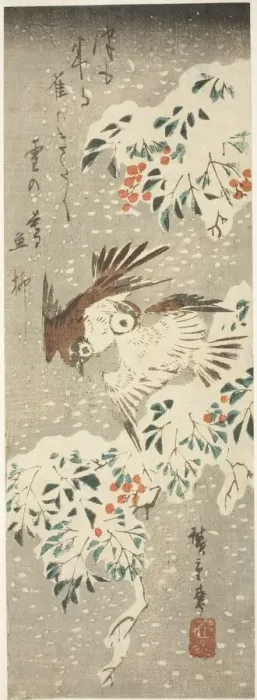 Framed Print : Sparrows Flitting about Snow-covered Nandina as More Snow Falls, c. 1840. Creator: Ando Hiroshige Framed Print : Sparrows Flitting about Snow-covered Nandina as More Snow Falls, c. 1840. Creator: Ando Hiroshige