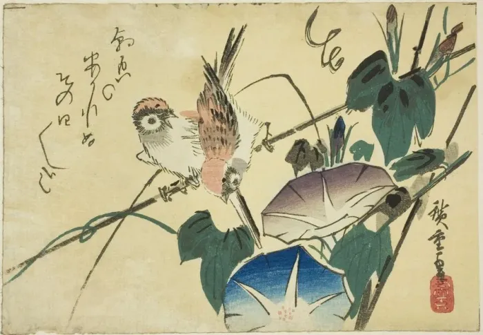 Framed Print : Sparrows and morning glories, 1830s. Creator: Ando Hiroshige Framed Print : Sparrows and morning glories, 1830s. Creator: Ando Hiroshige